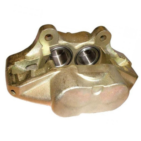 Direct Replacement Front Brake Calipers Pair for Solid Discs, close-up of gold-coloured brake calipers for Defender vehicles with dual pistons.
