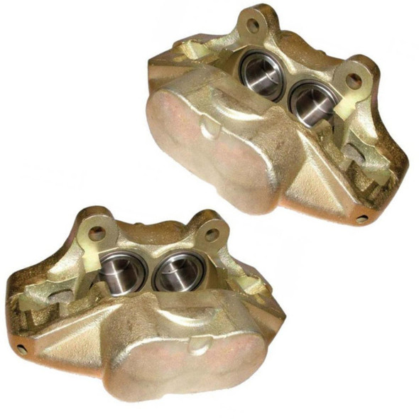 Direct Replacement Front Brake Calipers Pair for Solid Discs, close-up of gold-colored brake calipers for Defender vehicles with dual pistons.