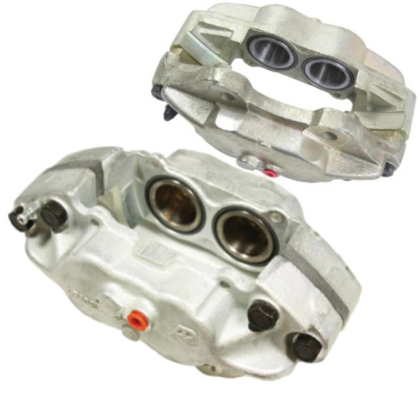 Direct Replacement Front Vented Brake Disc Calipers for Defender, image showing silver brake calipers with dual vented pistons for optimal brake cooling and performance.