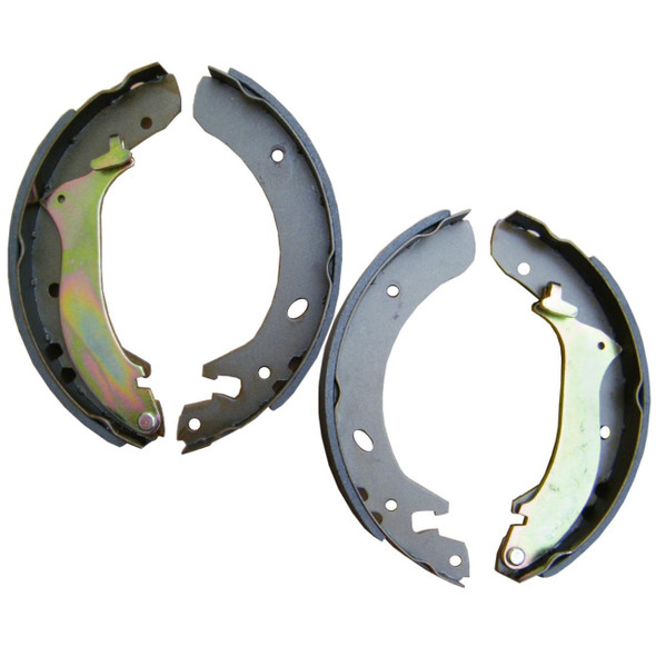 Direct Replacement Rear Brake Shoe Set -2001 for Freelander, image of two brake shoes with metal backing plates and friction material.