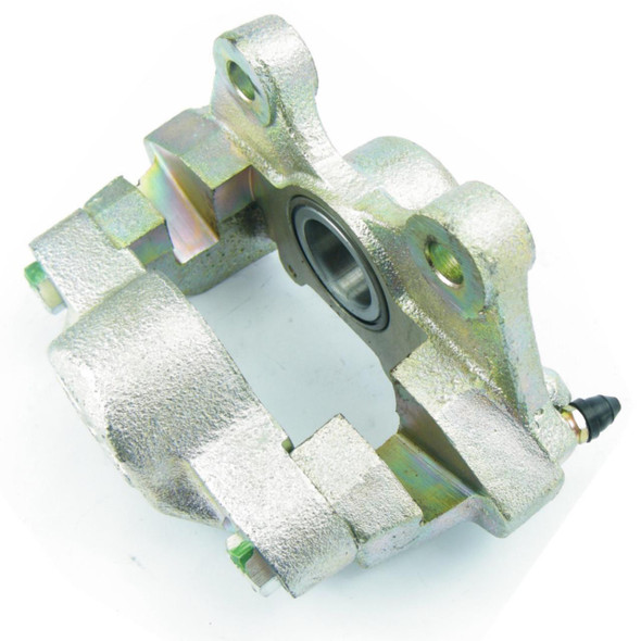 Direct Replacement Rear Left Hand Brake Caliper for Defender 90, metallic silver brake caliper with mounting holes and a hydraulic piston.