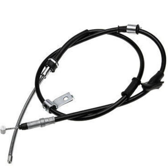 Direct Replacement Left Hand Brake Cable for Freelander 1, black cable with metal fittings and mounting brackets.