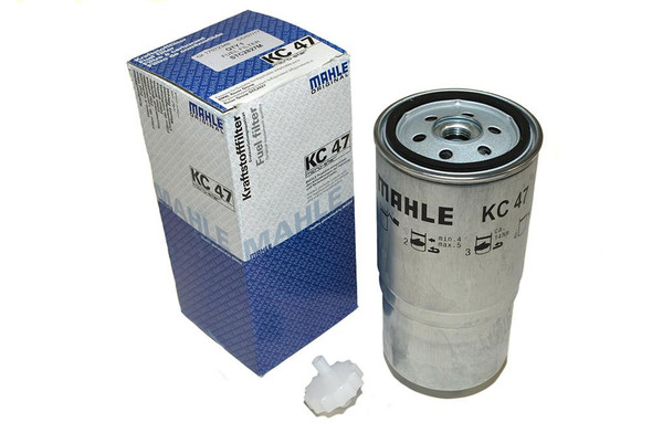 Mahle Diesel Fuel Filter MAHLE KC47 for Range Rover P38 2.5TD, new cylindrical metal fuel filter with installation instructions on its side, accompanied by original packaging box.