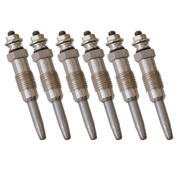 Product: Direct Replacement Pack of Six Glow Plugs for Range Rover P38 2.5L 6Cyl BMW Diesel (1995-2002), image shows six metal glow plugs in a row on white background.