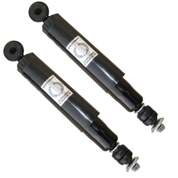Direct Replacement Rear Shock Absorber Damper x2 for Defender 90, black automotive shock absorbers with mounting hardware for vehicle suspension.