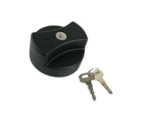 Direct Replacement Fuel Filler Cap - Locking - Vented 2 Lug, black fuel cap with two keys for Defender 90/110 vehicle.