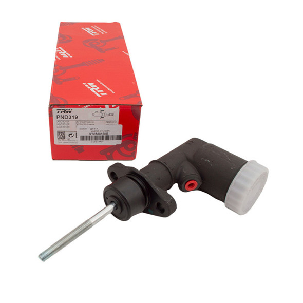 TRW Clutch Master Cylinder TRW for Defender, automotive clutch hydraulic component with black body, white cap, and metal rod, placed next to red TRW box.
