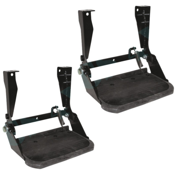 Direct Replacement Pair of Folding Side Step Kits for Defender 1986-2016, two black metal foldable side steps with mounting brackets and springs for vehicle installation.