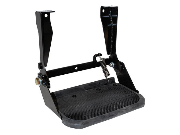 Direct Replacement Pair of Folding Side Step Kits for Defender 1986-2016, black metal side steps with foldable footboards and mounting brackets.