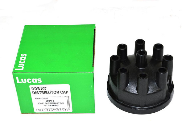 Lucas Defender Discovery 1 & Range Rover V8 Distributor Cap, black ignition distributor cap for Land Rover vehicles.