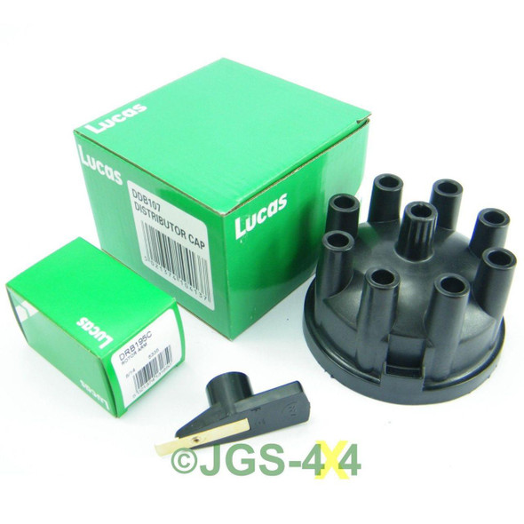Lucas Defender Discovery 1 & Range Rover V8 Distributor Cap & Rotor Arm, black distributor cap with multiple spark plug connector holes, and a small black rotor arm, with green Lucas product boxes in the background.
