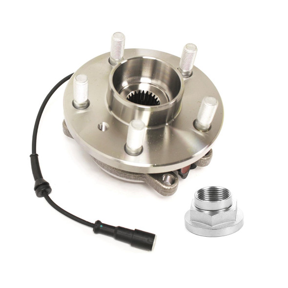 Product: Rear Wheel Bearing Hub with ABS Sensor for Discovery 2, image of a metallic wheel hub assembly with five black lug studs, sensor wire, and a nut on a white background.