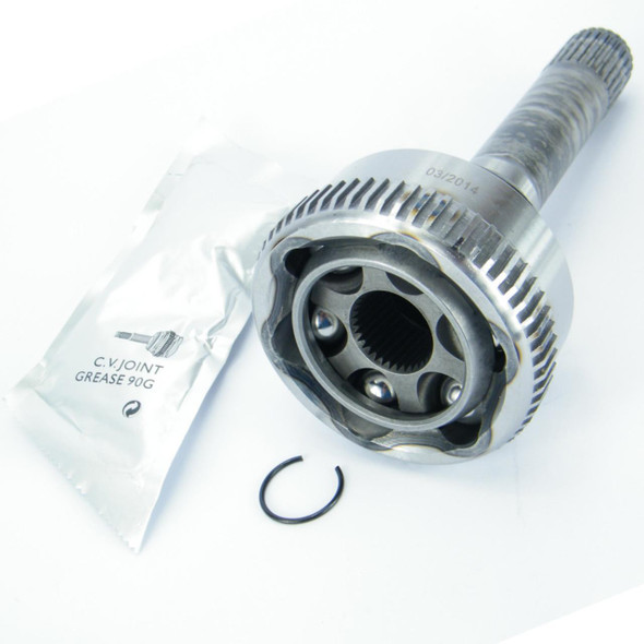Direct Replacement Front CV Joint Constant Velocity Drive Shaft for Defender/Discovery 1, metal drive shaft with splines and a protective cap, included grease packet, and a retaining ring.