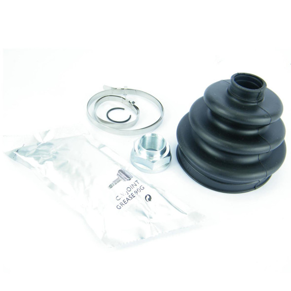 Direct Replacement Front CV Joint Rubber Outer Boot Kit for Freelander 1, black rubber CV joint boot with metal clamps, grease packet, and metal nut.