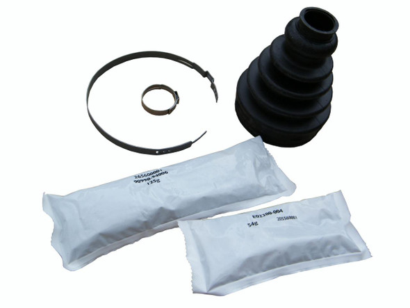 GKN Front Inner CV Boot Kit for Freelander 1, black rubber CV joint boot with metal clips and lubricants for vehicle maintenance.