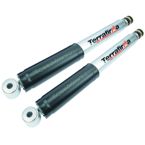 Terrafirma Rear Shock Absorber Damper Set TERRAFIRMA ALL-TERRAIN for Defender, two shock absorbers with black and silver design and mounting eyelets.