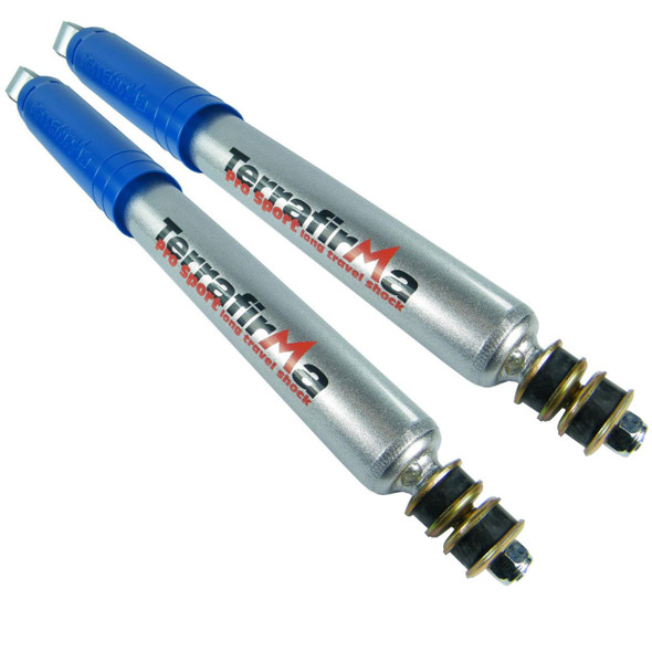 Terrafirma Pair of Terrafirma Pro-Sport Rear Shock Absorber Plus 2" for Defender & Discovery 1, silver shock absorbers with blue protective covers and coil spring mounting hardware.