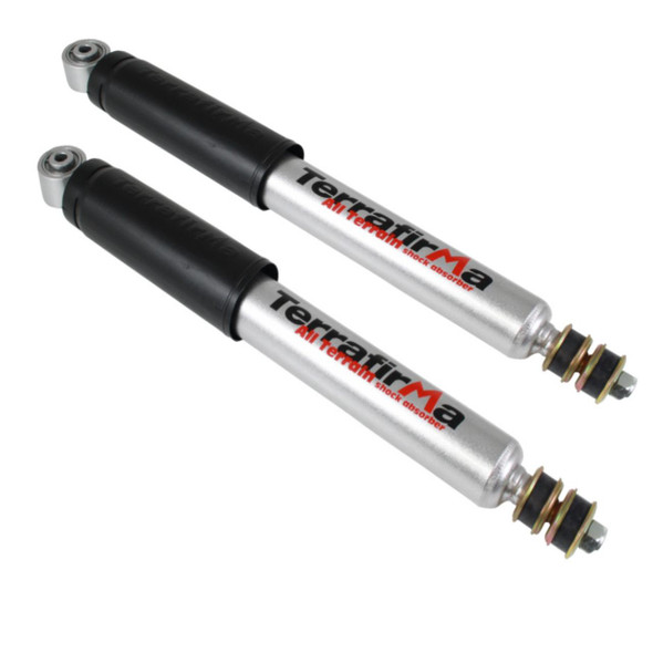 Terrafirma Range Rover P38 Rear Shock Absorber Damper Set, all-terrain shock absorbers with silver and black finish designed for off-road capability.