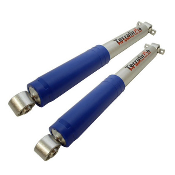 Terrafirma Front Shock Absorber Damper Set TERRAFIRMA +2" PRO-SPORT for Discovery 2, blue and silver shock absorbers with mounting eyes and TAG branding.
