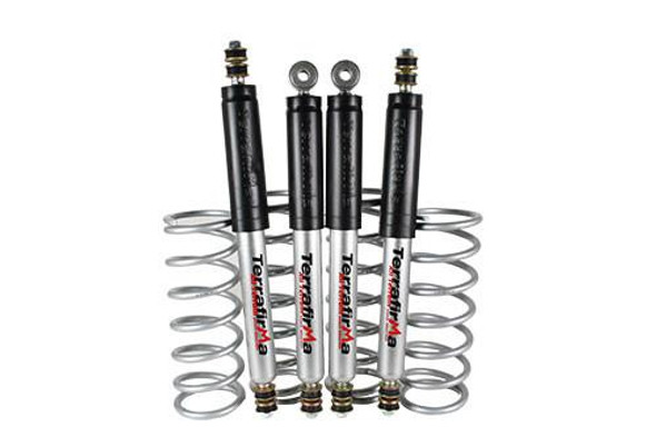Terrafirma Coil Spring & Shock Absorber Suspension Kit +2" Light Load for Defender 90, showing four black coil springs and four shock absorbers with silver and black finish.