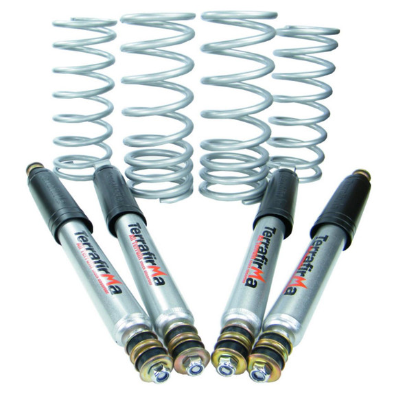 Terrafirma Discovery 1 Coil Spring & Shocks +2" Suspension Lift Kit Heavy Load, image showing four coil springs and four shock absorbers for off-road vehicle suspension upgrade.