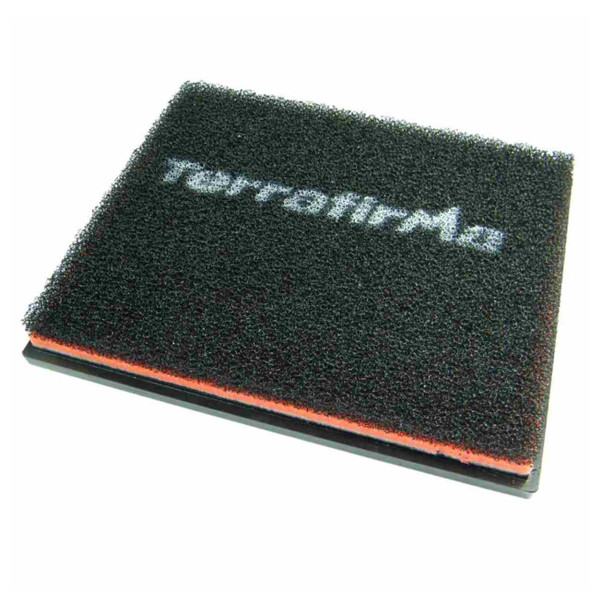 Pipercross Performance Air Filter Terrafirma Pipercross for Discovery 2 Td5, close-up of black foam air filter with white logo and orange edge.