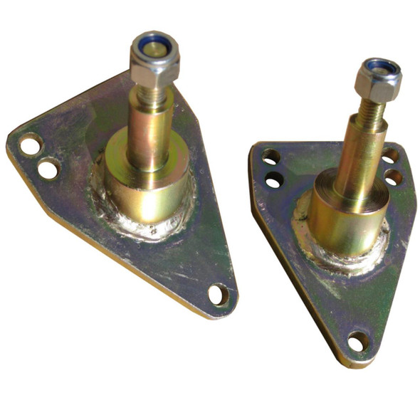 Terrafirma Rear Shock Drop Mounts 2" Lowered TERRAFIRMA TF512 for Defender Discovery, pair of shock mounts with gold-colored brackets and mounting hardware.