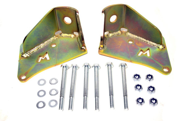 Terrafirma Defender/Discovery 1 Long Travel Rear Top Shock Mount, image showing a set of metal shock mounting brackets with bolts, washers, and nuts for vehicle suspension upgrade.
