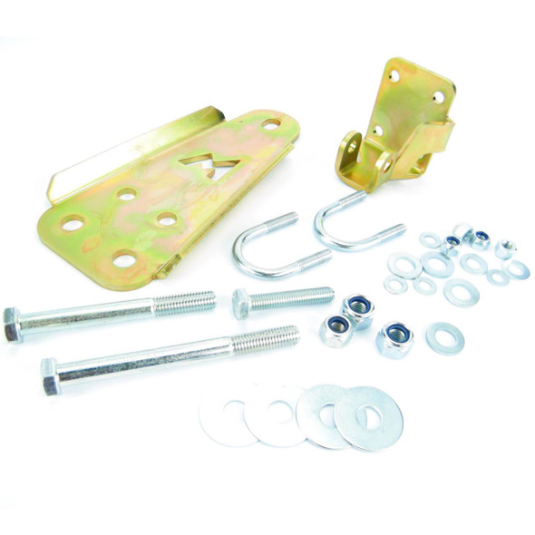 Terrafirma Steering Damper Relocation HD Kit TERRAFIRMA for Discovery 1, image showing metal brackets, U-bolts, bolts, nuts, washers, and spacers for vehicle suspension upgrade