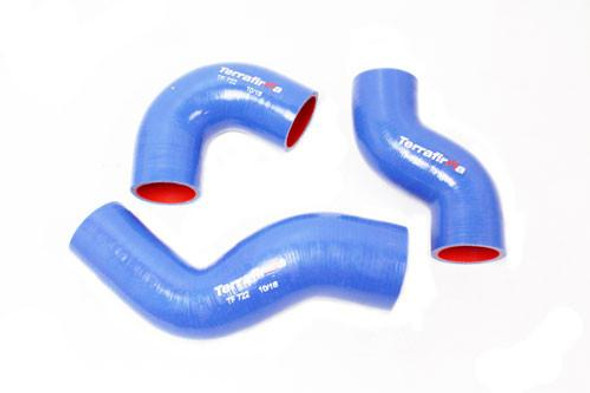Terrafirma Defender Td5 Silicone Intercooler Hose Kit Blue, set of three blue silicone hoses with red interior designed for Defender Td5 vehicle intercooler connection.
