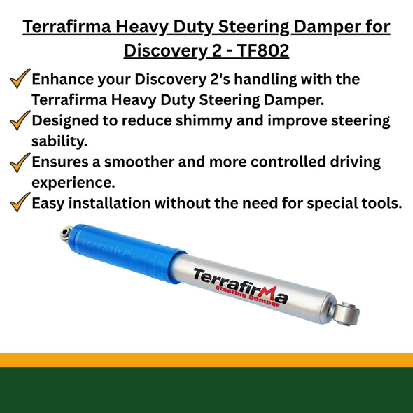 Terrafirma heavy duty steering damper TF802 product image with features text