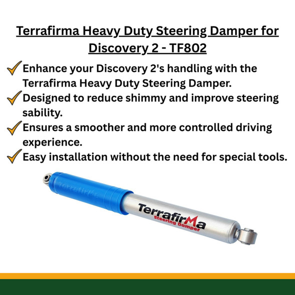 Terrafirma heavy duty steering damper TF802 product image with features text