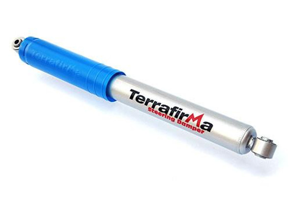 Terrafirma Heavy Duty Steering Damper for Discovery 2, reinforced metal shock absorber with blue protective cover and durable construction.