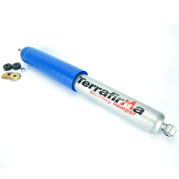 Terrafirma TF832 Heavy Duty Steering Damper for Defender, blue shock absorber with mounting hardware