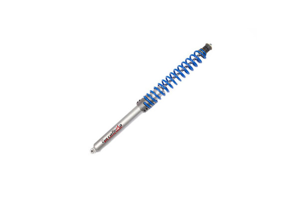 Terrafirma Return to Centre Steering Damper for Defender, a blue coil shock absorber with metal mounting points and TF835 branding.