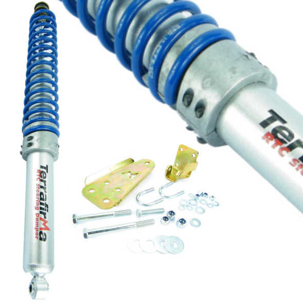 Terrafirma Discovery 1 Steering Damper Return To Centre With Mounting Kit RTC TERRAFIRMA, image showing the damper with blue coil spring and mounting hardware.