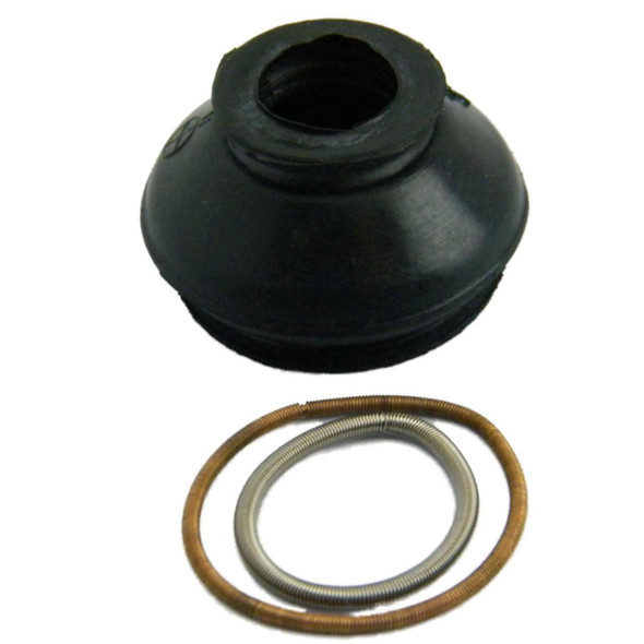 Direct Replacement Track Rod End Rubber Boot Kit for Defender, black rubber boot with inner holes, and two metal coil spring rings in silver and bronze colour.