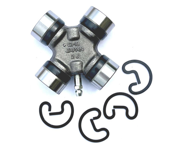 Product OEM Parts Universal Joint UJ, a metal universal joint with four cylindrical bearings and a central cross-shaped body, accompanied by four black retaining clips.