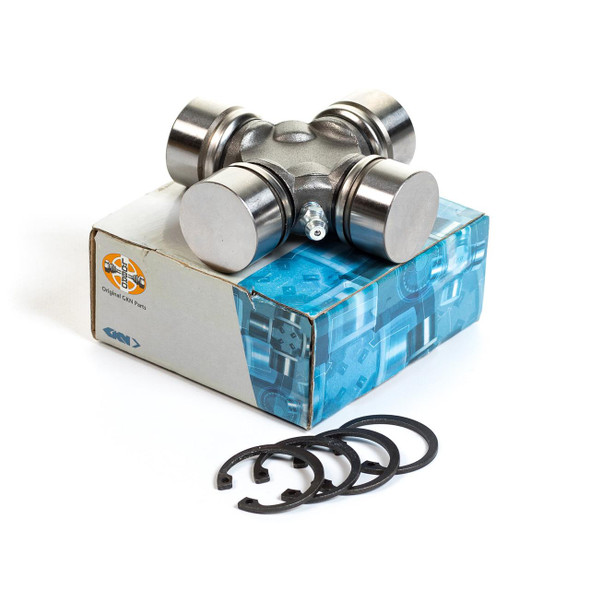 GKN Propshaft Universal Joint Heavy Duty GKN UJ x2 for Defender Discovery, metal universal joints with four cylindrical caps placed on top of a blue and white GKN branded box, with four black circlips in front.