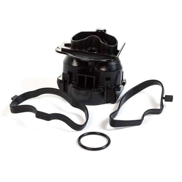 Febi Modified Crank Case Breather Filter Vortex Kit for Freelander 1 Td4, black plastic vortex filter with attached hoses and sealing rings.