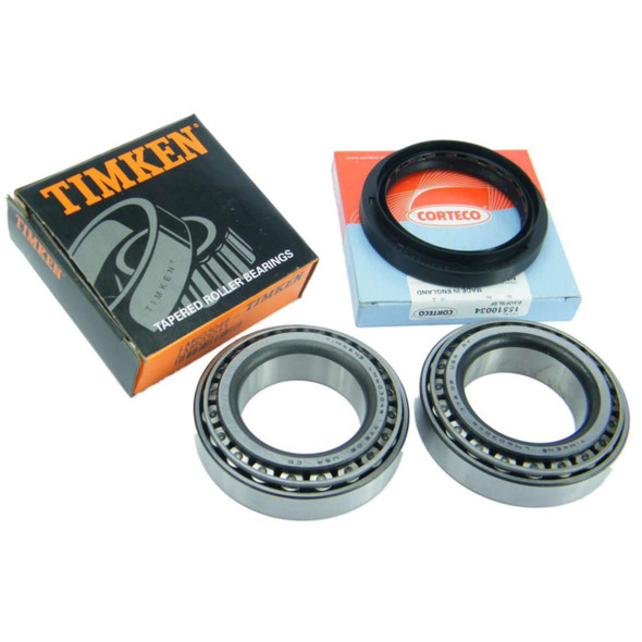 Direct Replacement Wheel Bearing Kit With Seal TIMKEN for Defender Discovery 1, image showing the bearings, seal, and packaging.