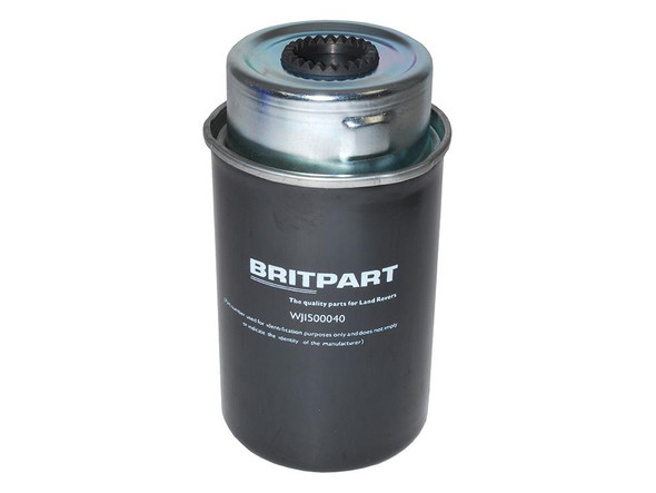 Direct Replacement Fuel Filter - WJI500040 for Defender 90/110 Puma 2.2.4 TDCi, black fuel filter with metal top and Britpart branding.