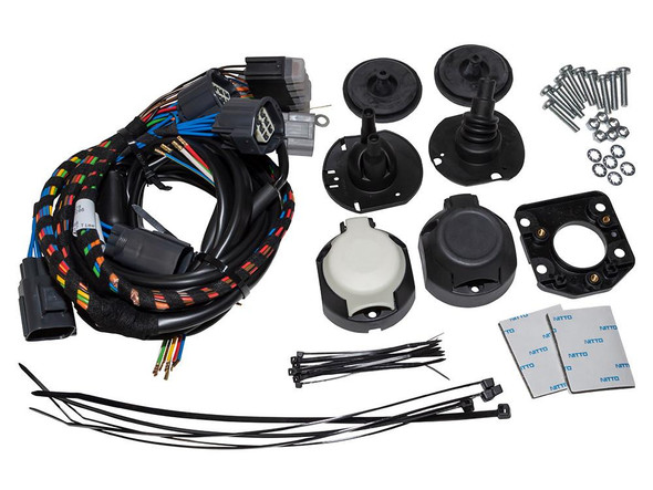 OEM Parts Twin 7-Pin 12N/12S Trailer Caravan Electrics Socket for Discovery 3, wiring harness, electrical connectors, mounting accessories, rubber grommets, fasteners, and adhesive pads for vehicle trailer electrical connection.