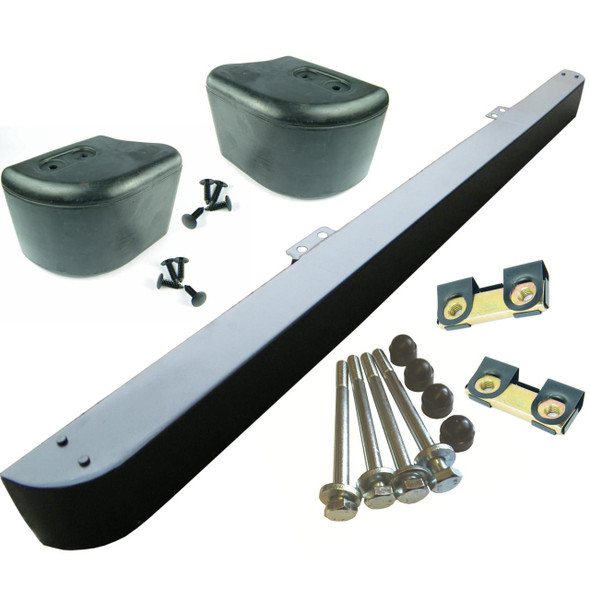 Direct Replacement Front Bumper Kit with Rubber End Caps for Defender 1986-2016, image showing bumper bar, rubber end caps, mounting hardware, and brackets.
