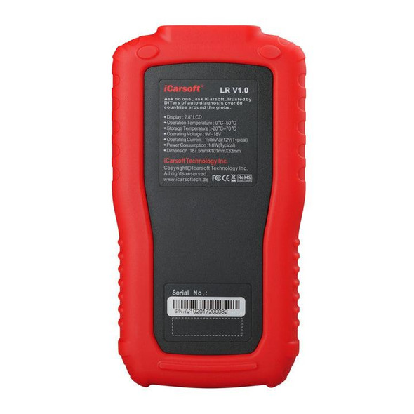 Terrafirma iCarsoft LR V1.0 Diagnostic Scan Fault Code Reader Tool TF930, red handheld automotive diagnostic device with LCD screen and various control buttons.