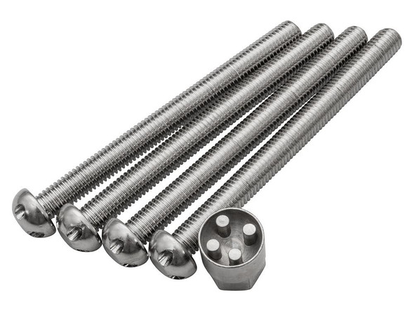 Britpart M10 x 110mm Tamper Proof Security Bolt Set & Key, stainless steel bolts with tamper proof heads and a matching key for secure fastening.
