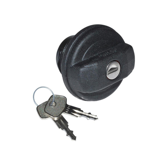 Britpart Locking Fuel Cap for Defender & Discovery 2, black locking fuel cap with key, secure fuel tank access for Land Rover vehicles.