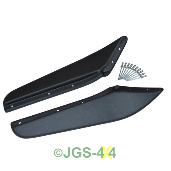 Britpart Dirt D-Fenders - Front Of Rear Wheel Pair For Defender 90 110, black plastic splash guards for the front or rear wheels of a Land Rover Defender with mounting screws included.