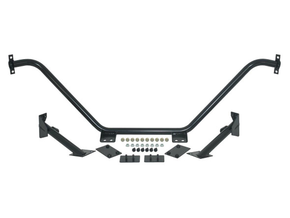 Product OEM Parts Tubular Rear Bulkhead Removal Kit - DA1810 for Defender, black tubular metal bars with mounting brackets and hardware.