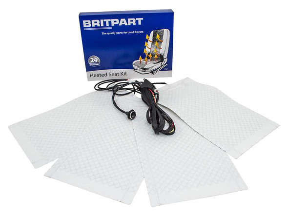 Britpart Retrofit Heated Seat Kit for Defender, electric heated seat pads and wiring harness with installation accessories.